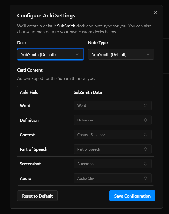 SubSmith Configure Anki Settings dialog showing deck, note type, and field mappings